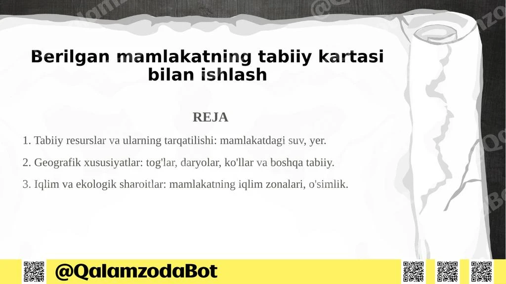 Berilgan mamlakatning tabiiy kartasi bilan ishlash Taqdimot - Slayd 1 (pptx)