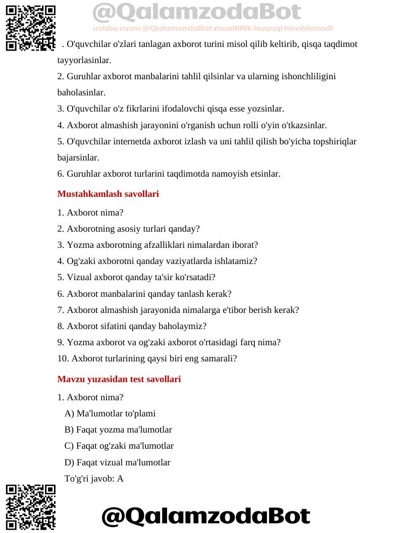 Axborot va uning turlari Dars ishlanma - Slayd 4 (docx)