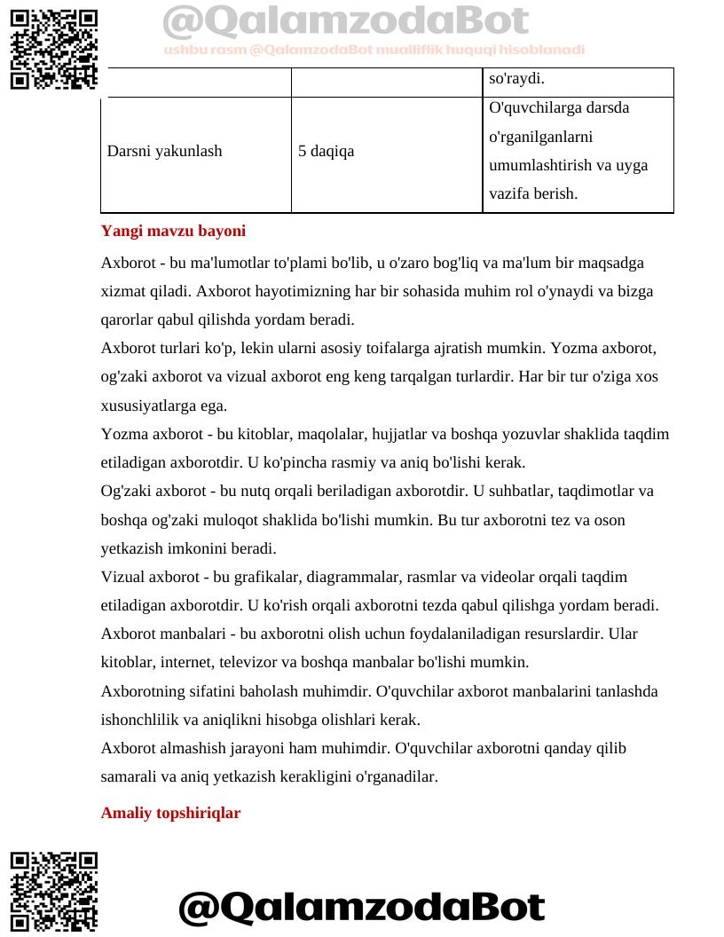 Axborot va uning turlari Dars ishlanma - Slayd 3 (docx)